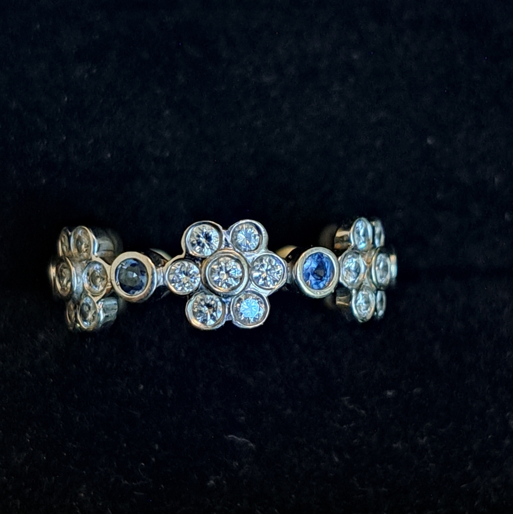 *SOLD*18k Solid White Gold Natural Diamond and Blue Sapphire Floral Eternity Rin